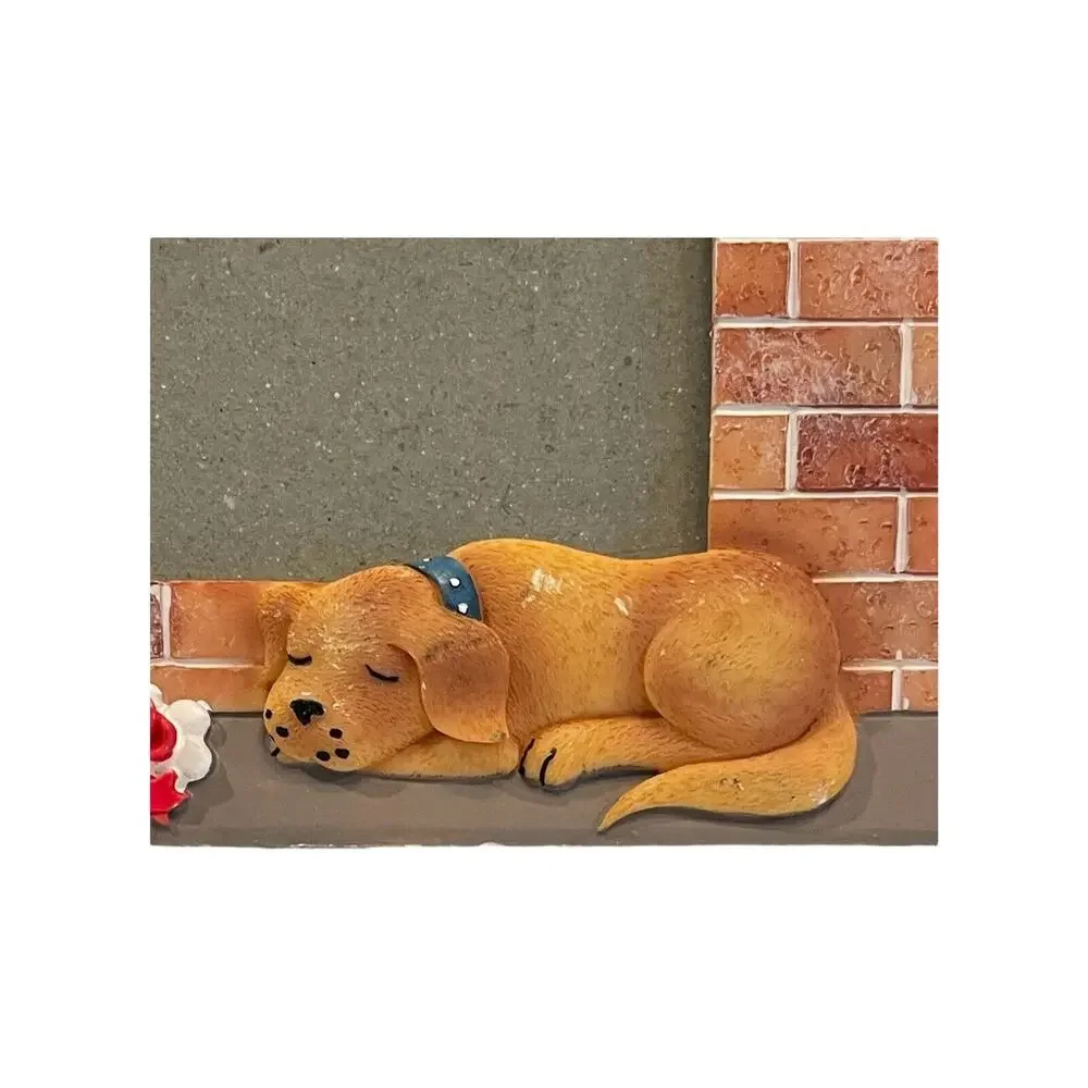 Sleeping Dog In Front Of Fireplace Holiday Christmas Photo Frame